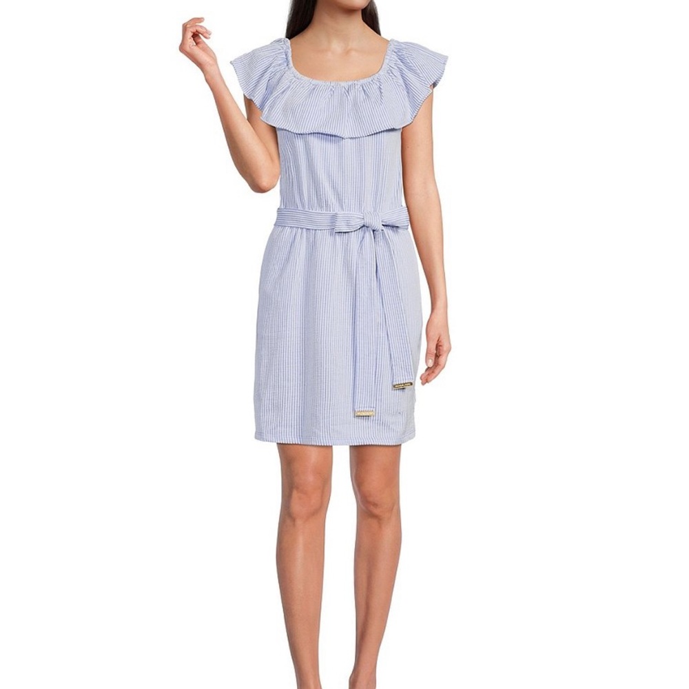 MICHAEL Michael Kors Seersucker Ruffle Short Sleeve Tie Waist Dress